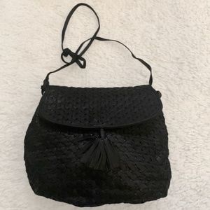 VINTAGE 80s Black Woven Leather Tassel Crossbody Bag